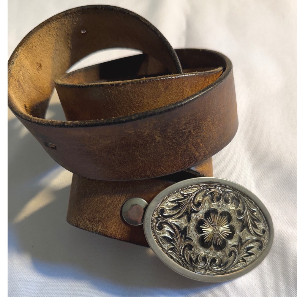 Vintage Western Leather Belt with Engraved Floral Oval Buckle Brown Distressed